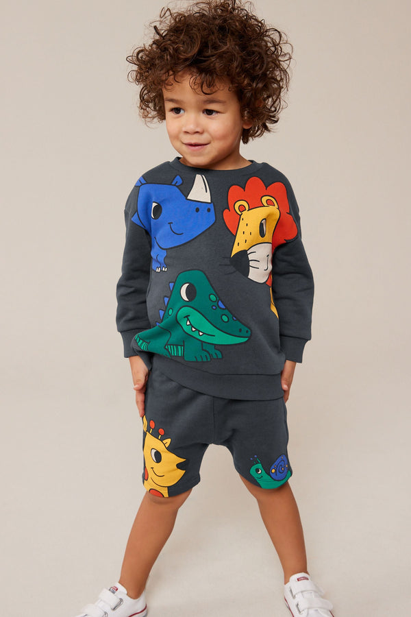 Charcoal Grey Animal Jersey Crew Neck Sweatshirt and Short Set (3mths-7yrs) (3mths-7yrs)