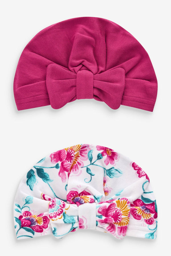 Pink/Red Baby Bow Turban 100% Cotton Hats 2 Pack (0mths-2yrs)