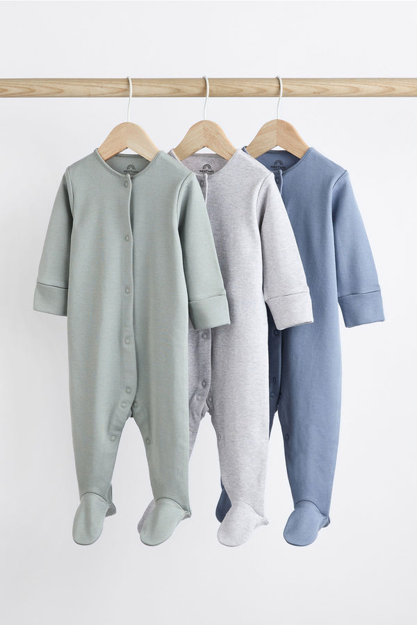 Grey/Blue Baby 100% Cotton Sleepsuits 3 Pack (0-2yrs)