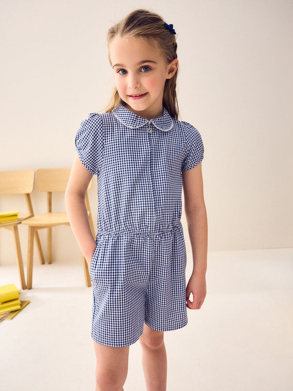 Navy Zip Front Cotton Rich Gingham School Playsuit (3-14yrs)