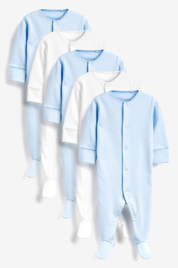 Blue/White 5 Pack Baby 100% Cotton Sleepsuits (0-2yrs)