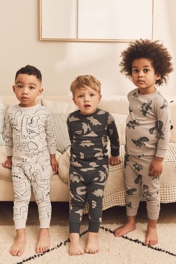 Neutral/Black Dinosaur Snuggle 100% Cotton Pyjamas 3 Pack (9mths-10yrs)