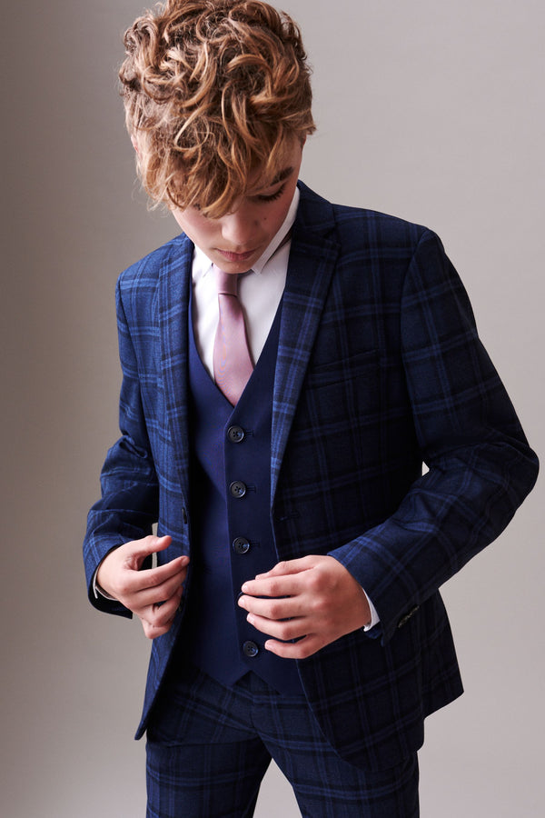 Navy Blue Skinny Fit Navy Blue Check Suit Jacket (12mths-16yrs)