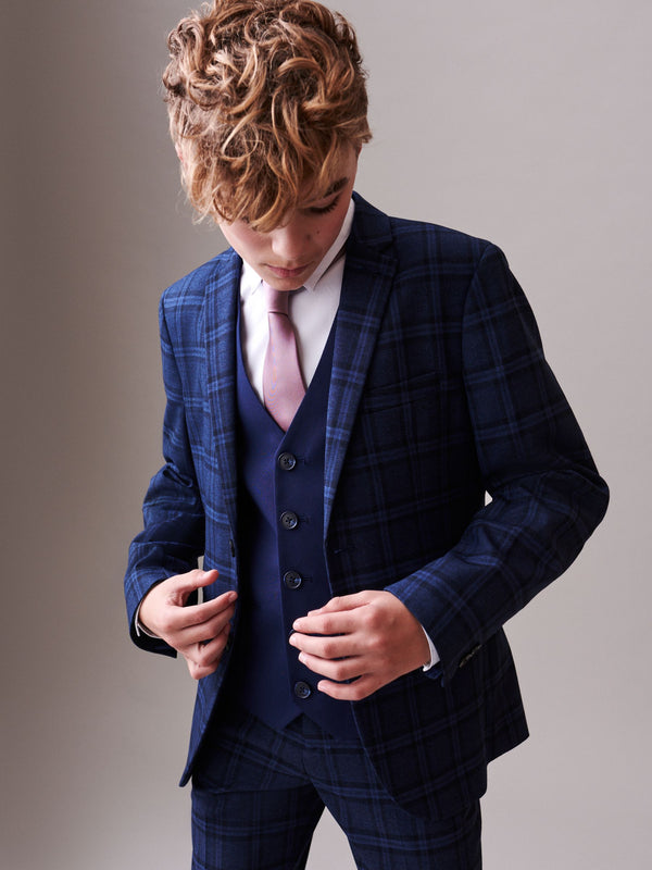 Navy Blue Skinny Fit Navy Blue Check Suit Jacket (12mths-16yrs)