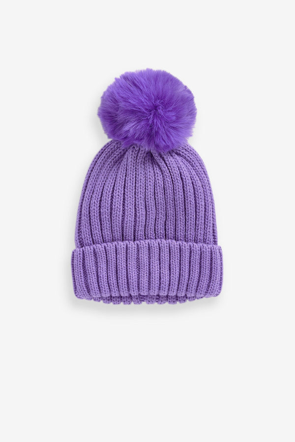 Purple Chunky Rib Pom Pom Beanie Hat (3mths-16yrs)