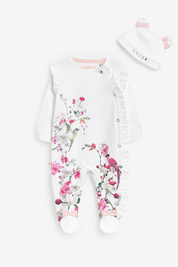 Pink Floral Baker by Ted Baker Frilled Sleepsuit And Hat Set