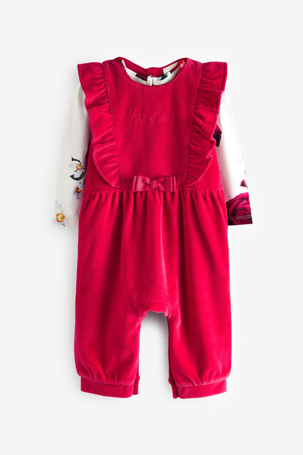 Baker by Ted Baker Red Floral Frill Dungaree Set