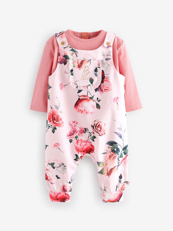 Baker by Ted Baker Pink Floral T-Shirt and Dungaree Set 2 Piece