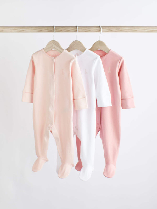 Pink/White 3 Pack 100% Cotton Baby Sleepsuits (0-2yrs)