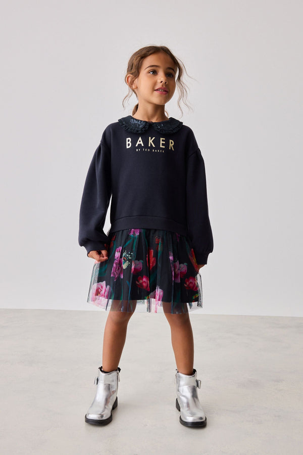 Baker by Ted Baker Navy Sequin Collar Ruffle Floral Sweat Dress