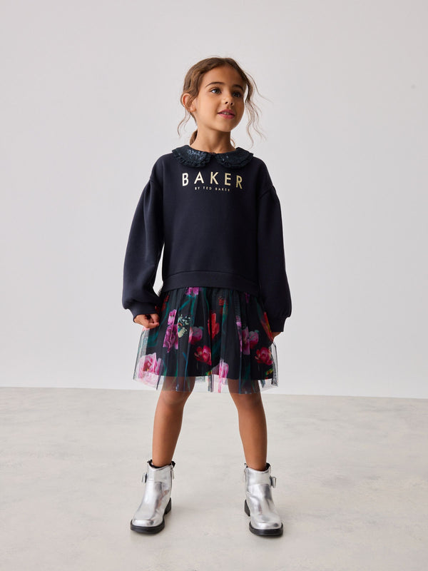 Baker by Ted Baker Navy Sequin Collar Ruffle Floral Sweat Dress