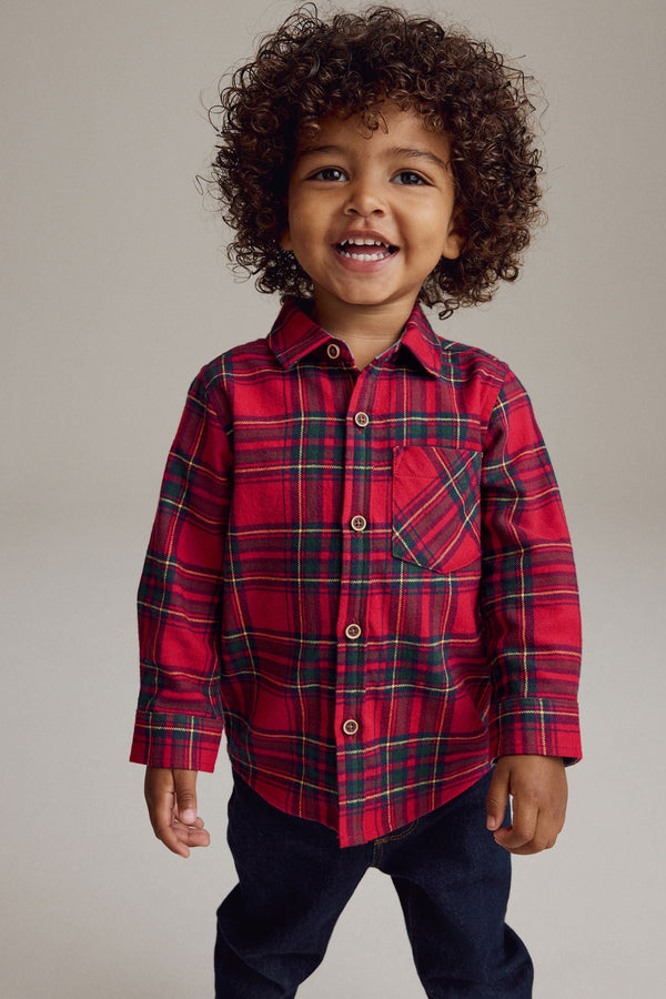 Red Tartan Plain Long Sleeve Check 100% Cotton Shirt (3mths-7yrs)