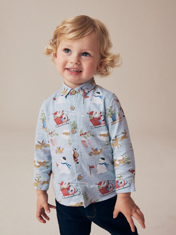 Blue Long Sleeve Printed Christmas 100% Cotton Shirt (3mths-7yrs)