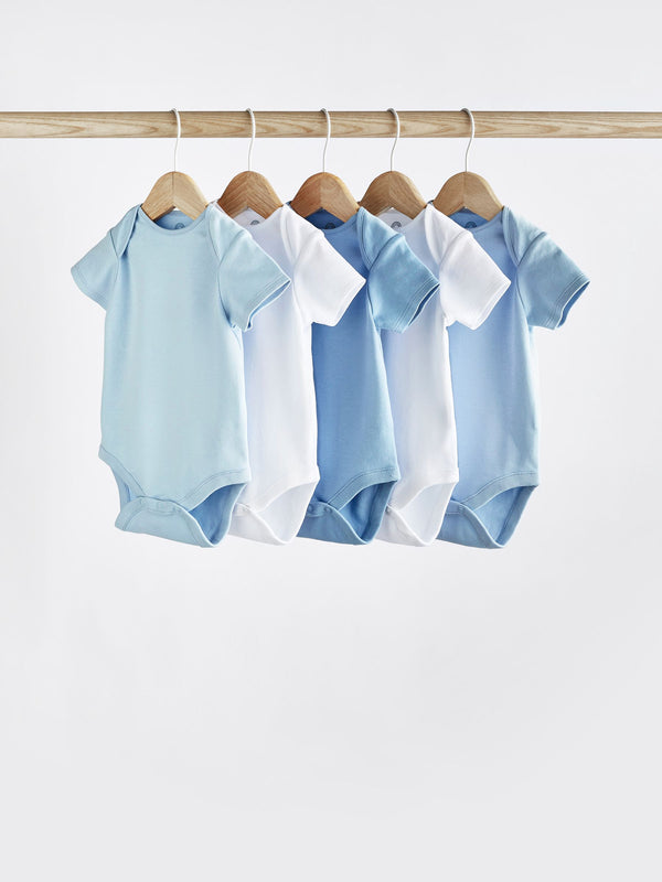 Blue/White 5 Pack Plain Baby Bodysuits