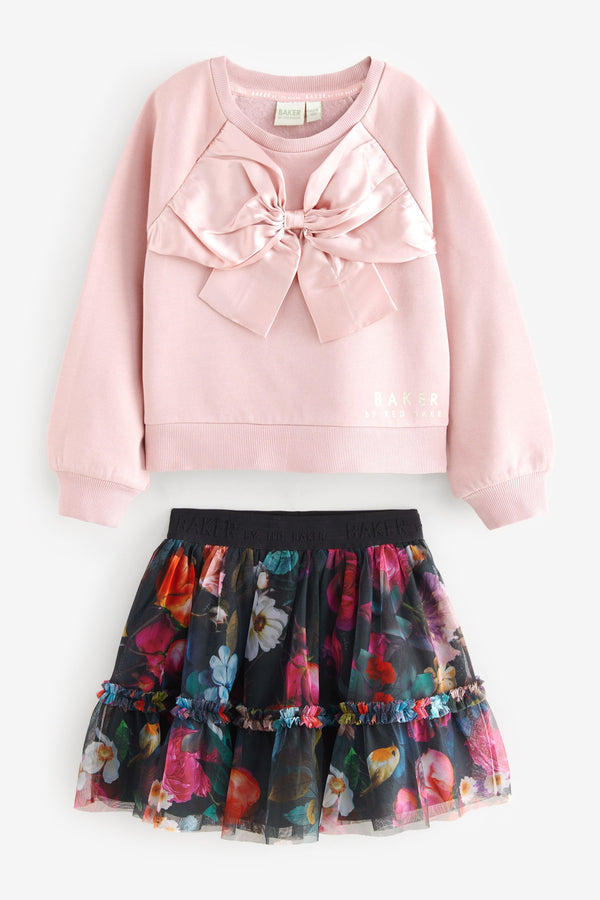 Baker by Ted Baker Satin Bow Front Sweater and Floral Mesh Skirt Set