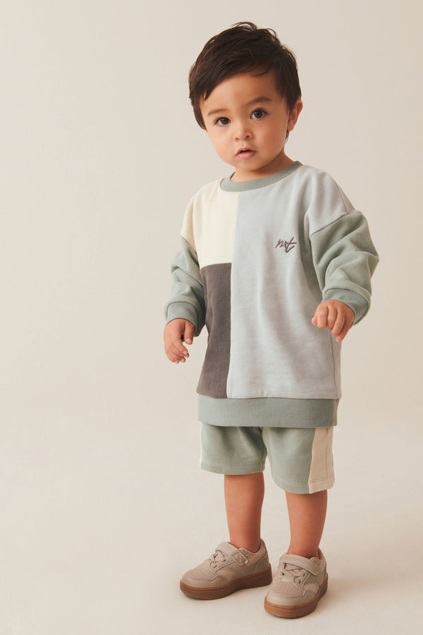 Mineral Blue/Mint Green Oversized Colourblock Sweatshirt and Shorts Set (3mths-7yrs)