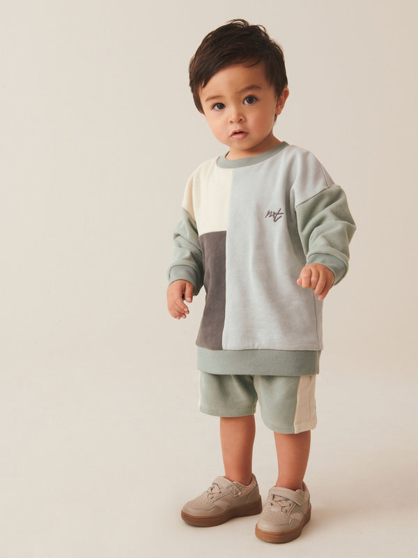 Mineral Blue/Mint Green Oversized Colourblock 100% Cotton Sweatshirt and Shorts Set (3mths-7yrs)