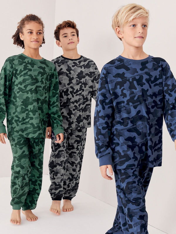 Grey/Blue/Green Camouflage Long Sleeve Pyjamas 3 Pack (3-16yrs)