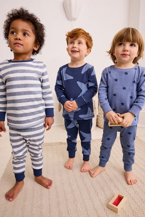 Blue/White Stars Long Sleeve 3 Pack Pyjamas Set (9mths-10yrs)