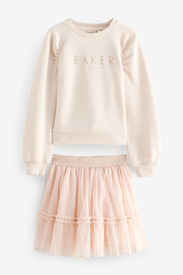 Baker by Ted Baker Cream Branded Sweat Top and Mesh Skirt Set