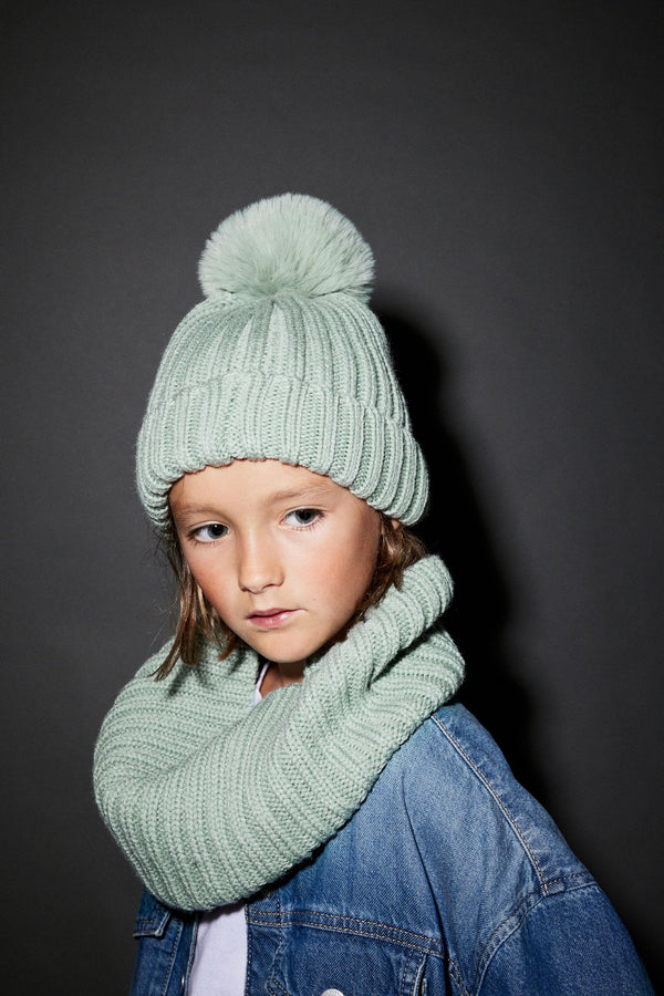 Sage Green Chunky Rib Pom Pom Beanie Hat (3mths-16yrs)