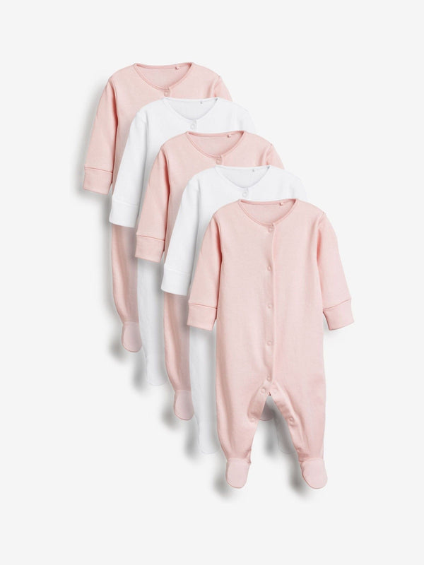 Pink/White 5 Pack 100% Cotton Baby Sleepsuits (0-2yrs)