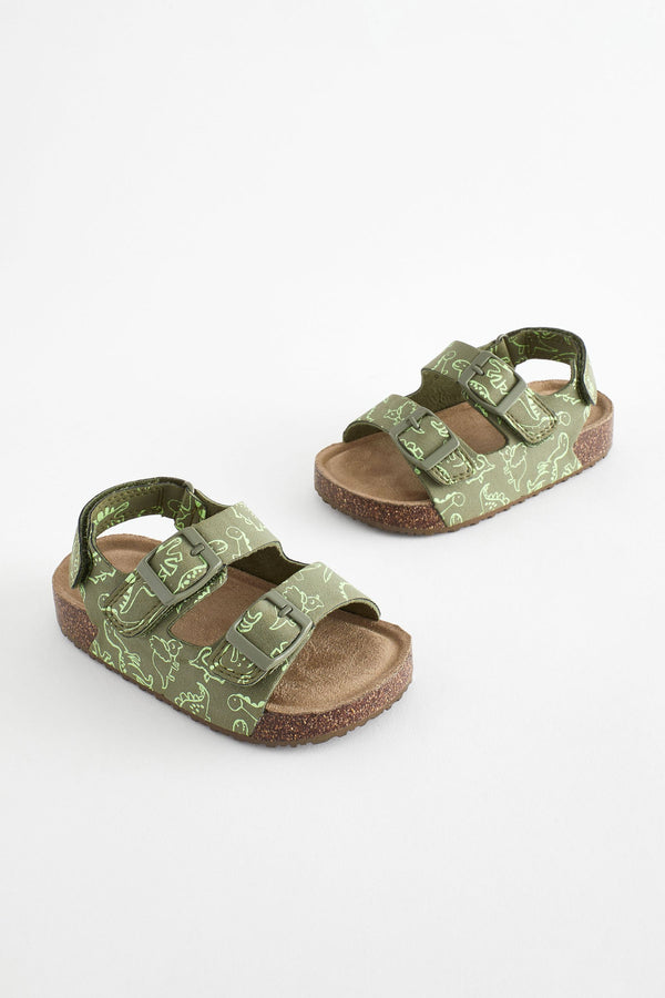 Green Dinosaur Print Double Buckle Cushioned Footbed Sandals