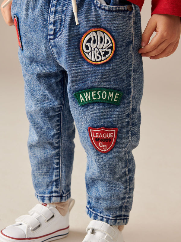 Blue Denim Pull On Badged 100% Cotton Jeans (3mths-7yrs)