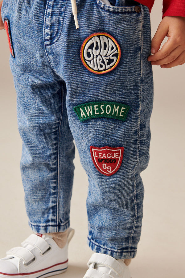 Blue Denim Pull On Badged 100% Cotton Jeans (3mths-7yrs)