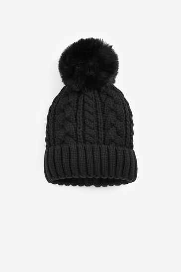 Black Cable Knit Pom Pom Beanie Hat (immediate)