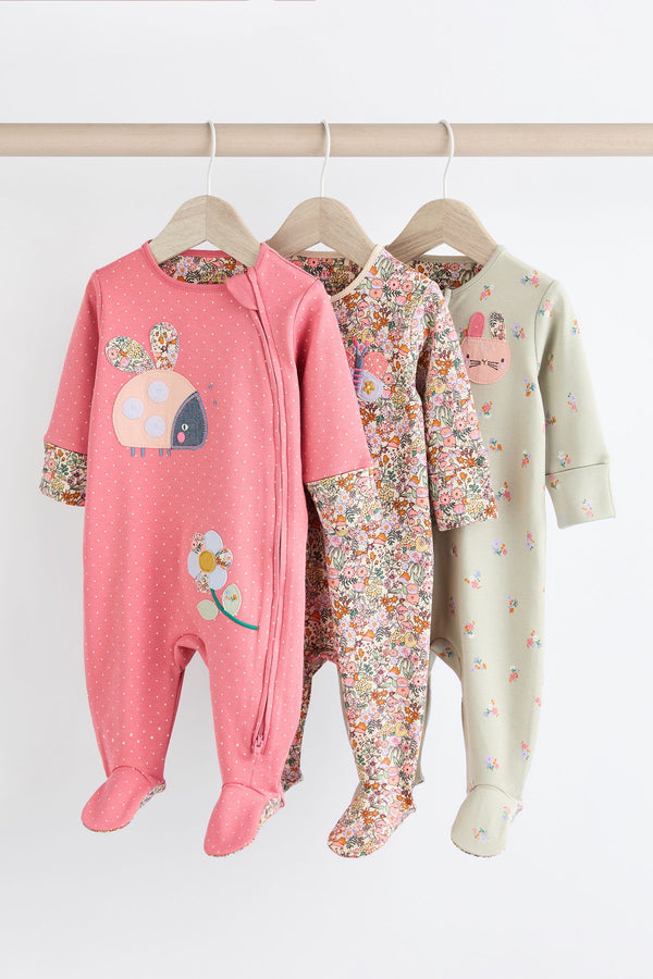 Multi Ladybird Character Zip Baby Sleepsuits 3 Pack (0mths-2yrs)