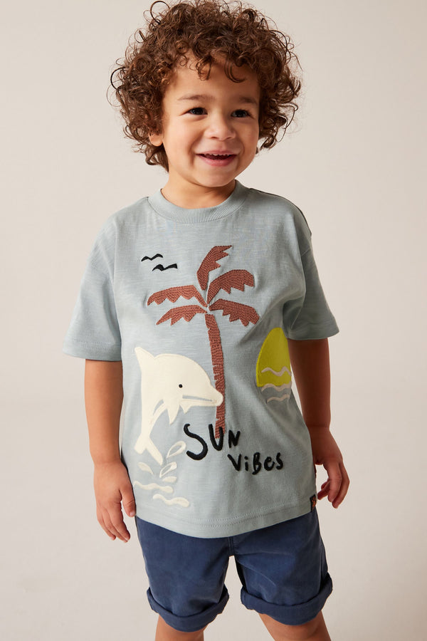 Blue/Grey Dolphin Appliqué Character 100% Cotton Short Sleeve T-Shirt (3mths-7yrs)