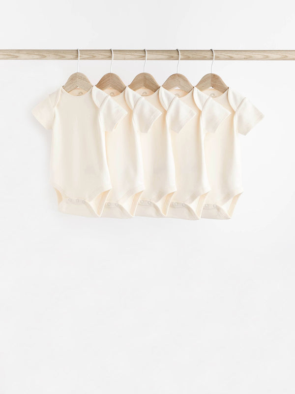 Cream Essential Baby Short Sleeve 100% Cotton Bodysuits 5 Pack