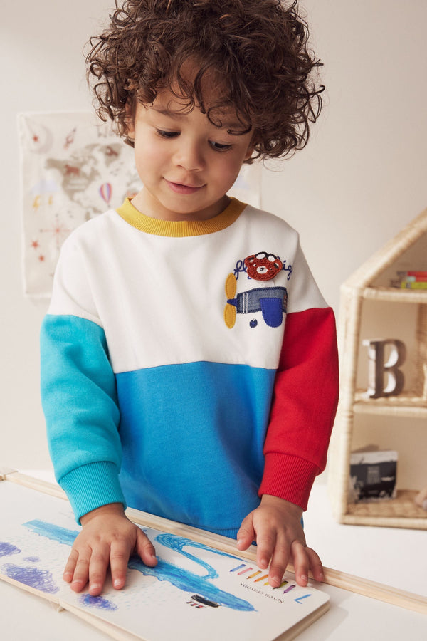 White/Blue/Red Colourblock Character Crew Neck 100% Cotton Sweatshirt (3mths-7yrs)