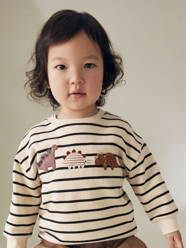 Ecru Cream Stripe Dinosaur Embroidered Crew Neck Sweatshirt (3mths-7yrs)