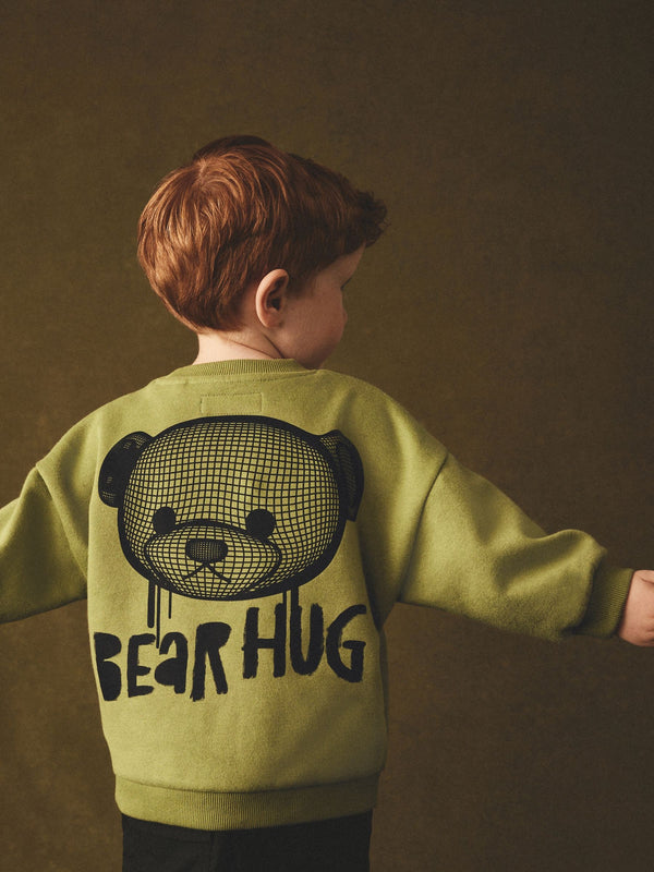 Khaki Green Bear Placement Backprint Crew Neck Sweatshirt (3mths-7yrs)