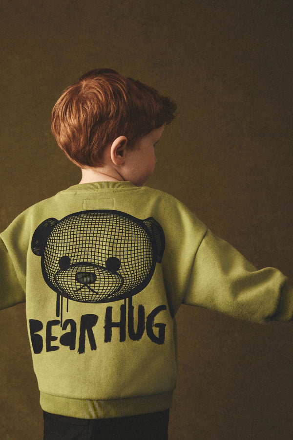 Khaki Green Bear Placement Backprint Crew Neck Sweatshirt (3mths-7yrs)