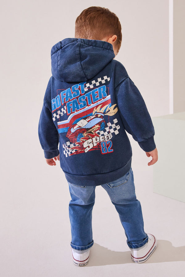 Navy Car Acid Wash Motorsport Hoodie (3mths-7yrs)