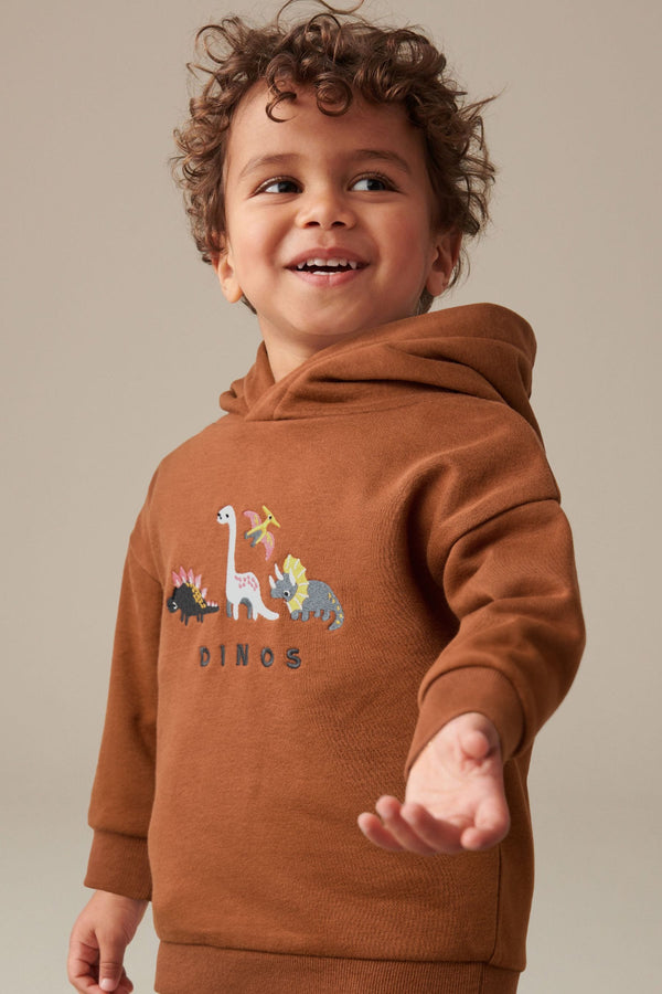 Rust Brown Dinosaur Embroidered Placement Hoodie (3mths-7yrs)