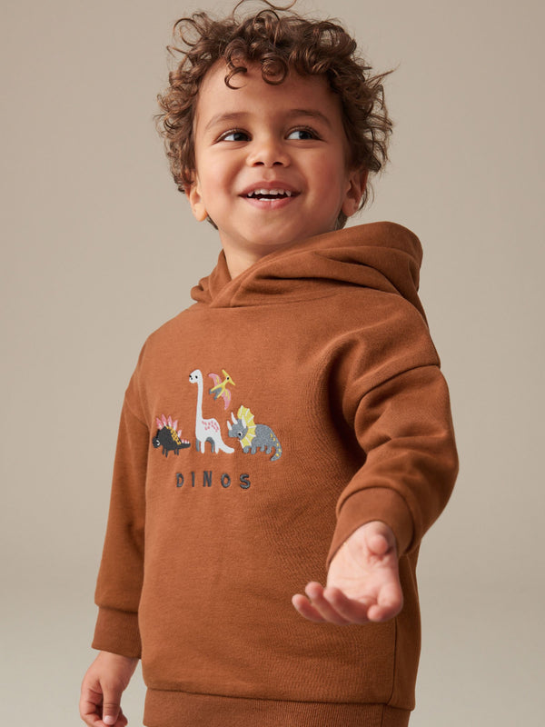 Rust Brown Dinosaur Embroidered Placement Hoodie (3mths-7yrs)