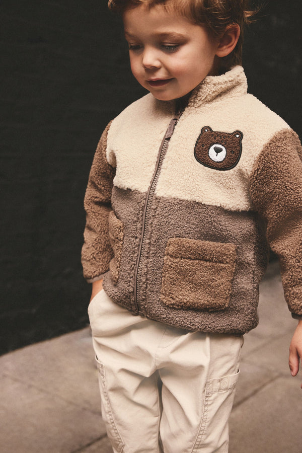 Tan Brown Bear Colourblock Fleece Zip Through Jacket (3mths-7yrs)