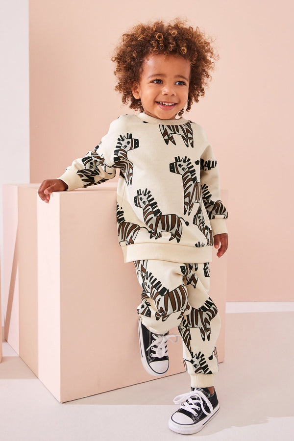 Ecru Zebra 100% Cotton All Over Print Character Sweatshirt and Joggers Set (3mths-7yrs)