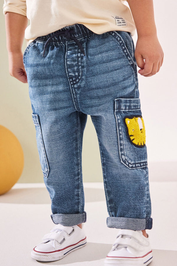 Mid Blue Denim with Tiger 100% Cotton Cargo Jeans (3mths-7yrs)