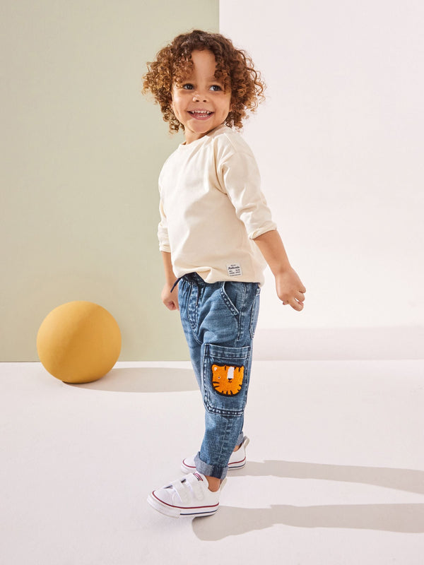 Mid Blue Denim with Tiger 100% Cotton Cargo Jeans (3mths-7yrs)