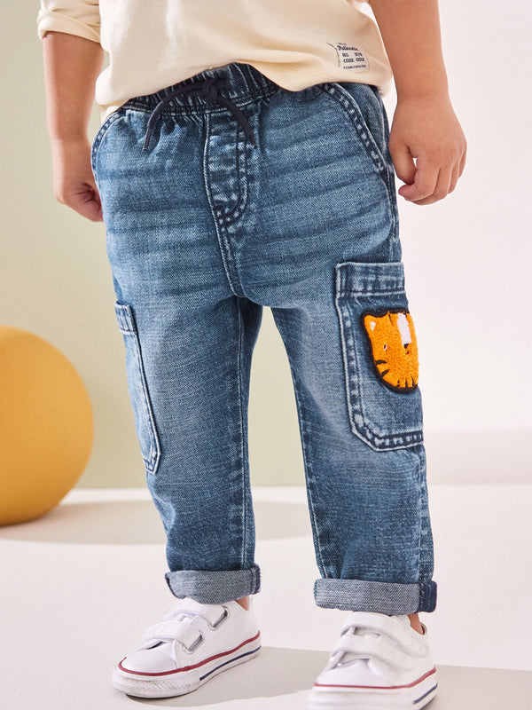 Mid Blue Denim with Tiger 100% Cotton Cargo Jeans (3mths-7yrs)