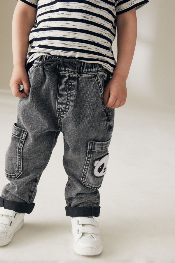 Black Denim with Panda 100% Cotton Cargo Jeans (3mths-7yrs)