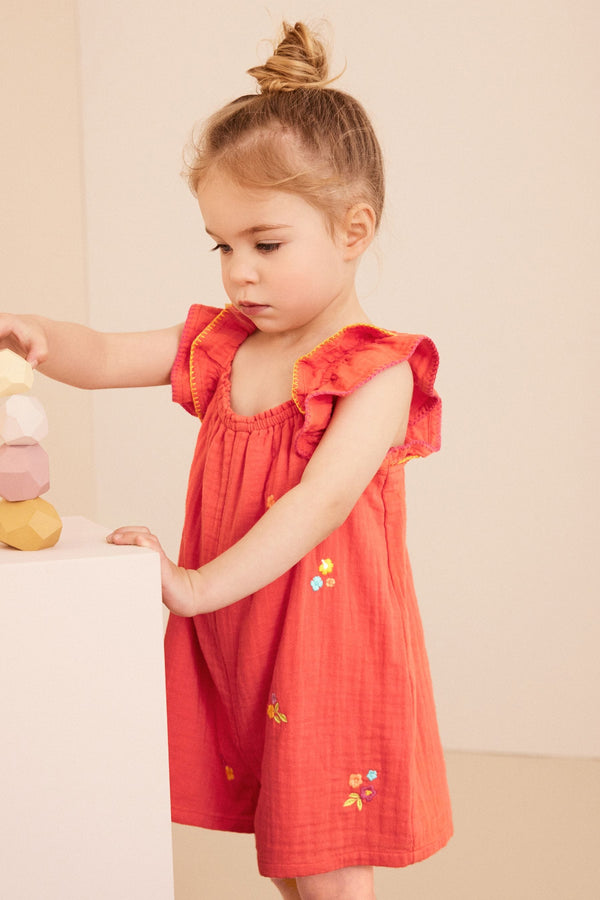 Coral Pink Embellished 100% Cotton Playsuit (3mths-7yrs)