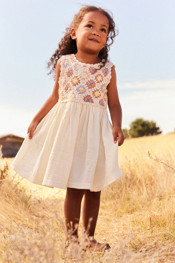 Ecru Marl Crochet Square Dress (3mths-7yrs)