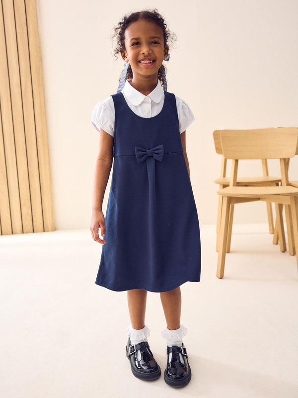 Navy Jersey Stretch Bow School Pinafore (3-16yrs)