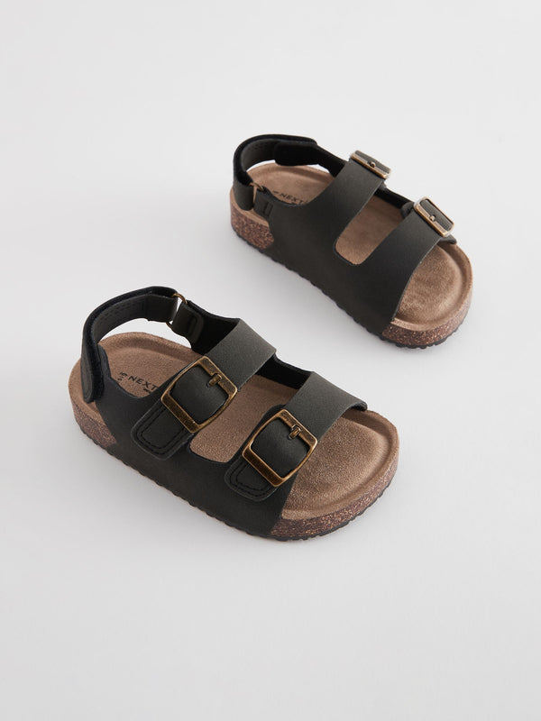 Black Wide Fit (G) Double Buckle Cushioned Footbed Sandals